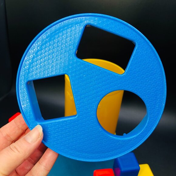 1977 Fisher Price Baby's First Blocks Shape Sorter Yellow Bucket Blue Lid - Picture 6 of 10